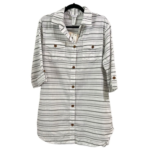 NWT Dotti Baja White Gray Striped Cotton Button Up Dress Swim Cover-up Sz Small - Picture 3 of 9